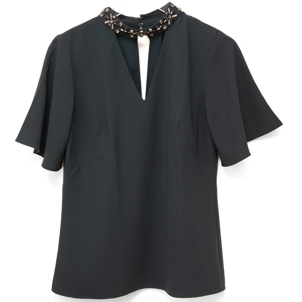 Ann Taylor Beaded Choker Neck Flutter Sleeve Blouse Cutout Green Grey Size 2 New - Picture 2 of 8